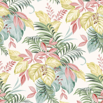 Bettdeckenbezug Naturals Laguna mit farbenfrohem Blätter Design in Grün-, Rosa- und Gelbtönen.