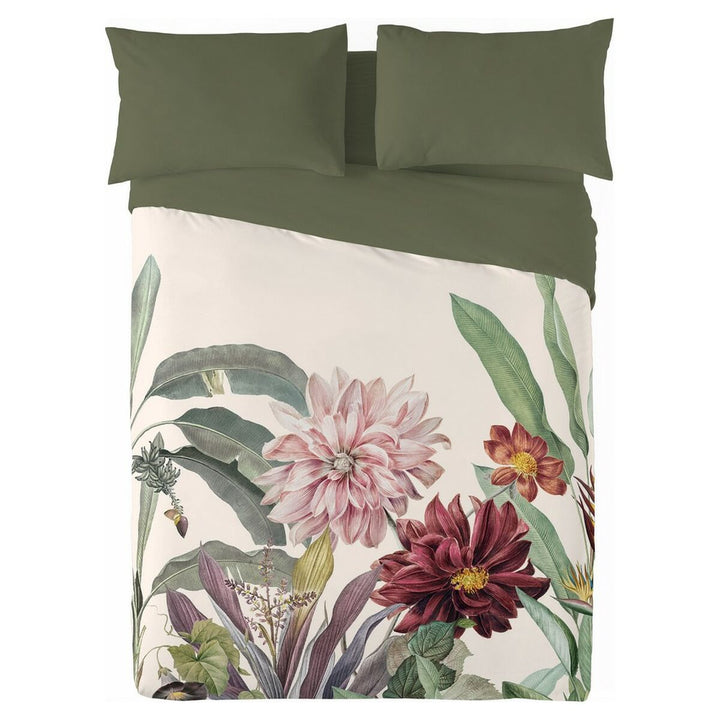 Bettdeckenbezug Naturals Mirelle mit Blumenmuster. Das Set enthält einen grünen Bettbezug und Kissenbezüge.