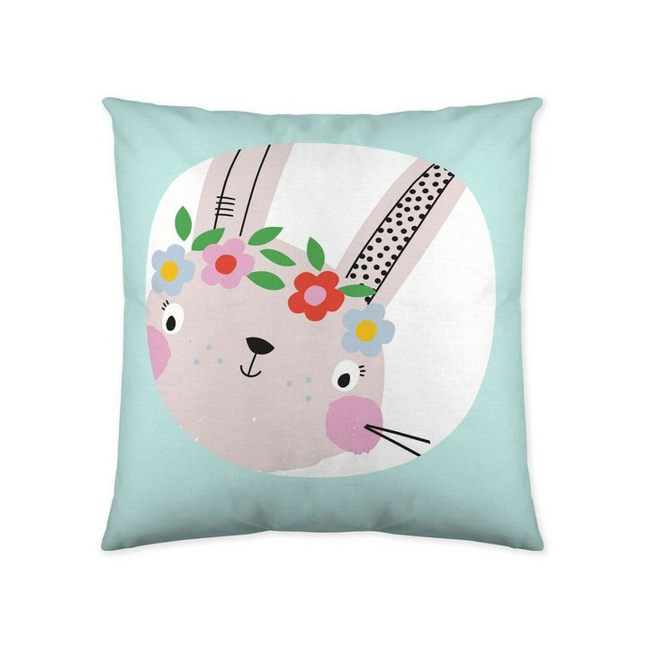 Kissenbezug mit Hasenmotiv und Blumenkranz. Süßes Design für Kinderzimmer.