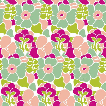 Bettdeckenbezug mit floralem Muster in Rosa, Grün und Lila. Anemona Devota & Lomba Design.