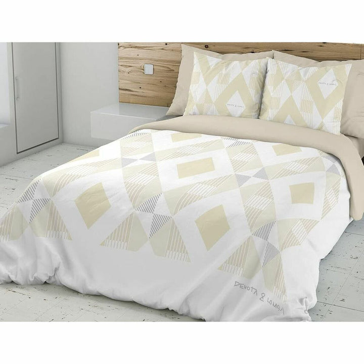 Bettdeckenbezug Vanilla Devota & Lomba mit geometrischem Rautenmuster in Beige- und Grautönen.