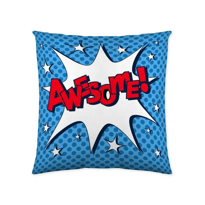 Blauer Kissenbezug mit 'Awesome!' Comic-Motiv. Dekoratives Kissen mit auffälligem Design.