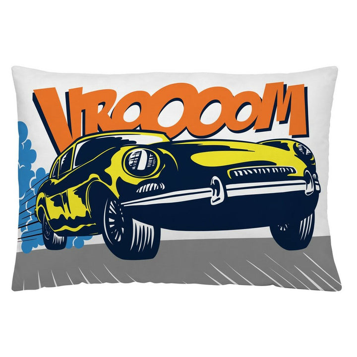 Kissenbezug mit Cartoon-Auto. Naturals Crash Kissen mit gelb-schwarzem Rennwagen Motiv.