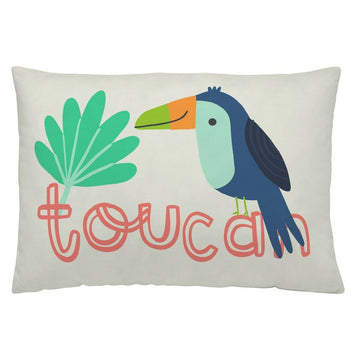 Naturals Kissenbezug mit einem bunten Tukan-Vogel und Pflanzen Design, 50x30 cm.
