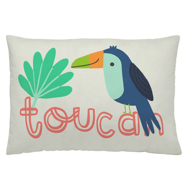 Naturals Kissenbezug mit einem bunten Tukan-Vogel und Pflanzen Design, 50x30 cm.