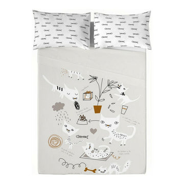 Einzelmatratze Bettwäsche-Set mit Katzen-Motiv. Das Set enthält Kissenbezüge mit Fischgrätenmuster.