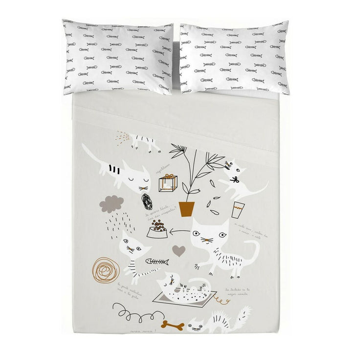 Einzelmatratze Bettwäsche-Set mit Katzen-Motiv. Das Set enthält Kissenbezüge mit Fischgrätenmuster.