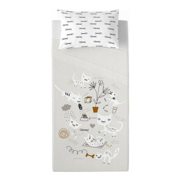 Bettwäsche-Set mit Katzenmotiv. Einzelmatratze 160x270 cm. Verspieltes Design mit Katzen und Fischgräten.