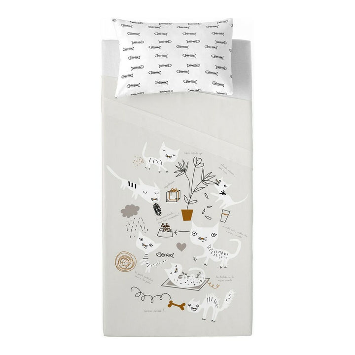 Bettwäsche-Set mit Katzenmotiv. Einzelmatratze 160x270 cm. Verspieltes Design mit Katzen und Fischgräten.