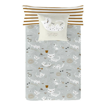 Bettdeckenbezug King size mit Katzenmuster. Verspielte Katzen Illustrationen auf grauem Hintergrund.