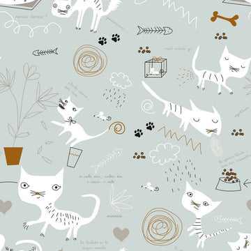 Bettdeckenbezug Cats King Size mit Katzen, Pfoten und Fischgräten Muster.