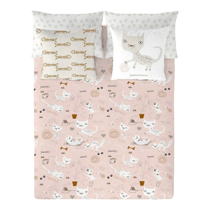Rosa Bettdeckenbezug mit Katzen-Motiv. Doppelmatratze mit Kissenbezügen und Katzenmuster.