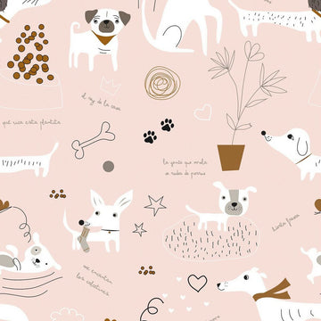 Bettdeckenbezug mit Hunde Muster. Doppelmatratze mit Hunde, Knochen und Sterne auf rosa Hintergrund.