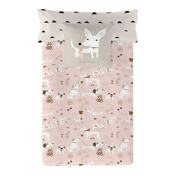 Rosa Bettdeckenbezug King Size mit Hunde Muster. Hunde Illustrationen und hellrosa Farbe.