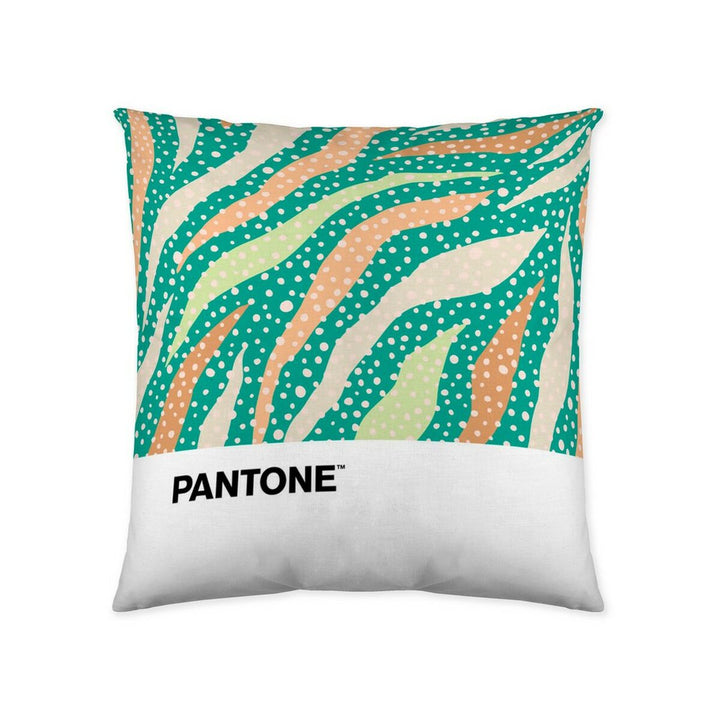 Pantone Jungle Kissenbezug mit Dschungelmuster, grüne und pfirsichfarbene Wellenlinien.