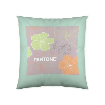Mintgrüner Kissenbezug mit floralem Muster und Pantone-Logo. Dekokissen Shapeshifters.