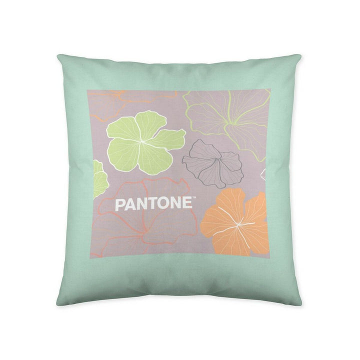 Mintgrüner Kissenbezug mit floralem Muster und Pantone-Logo. Dekokissen Shapeshifters.