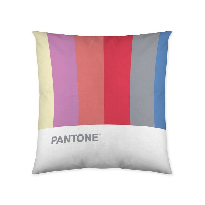 Buntes Pantone Stripes Kissen mit vertikalen Farbstreifen und Pantone Logo.