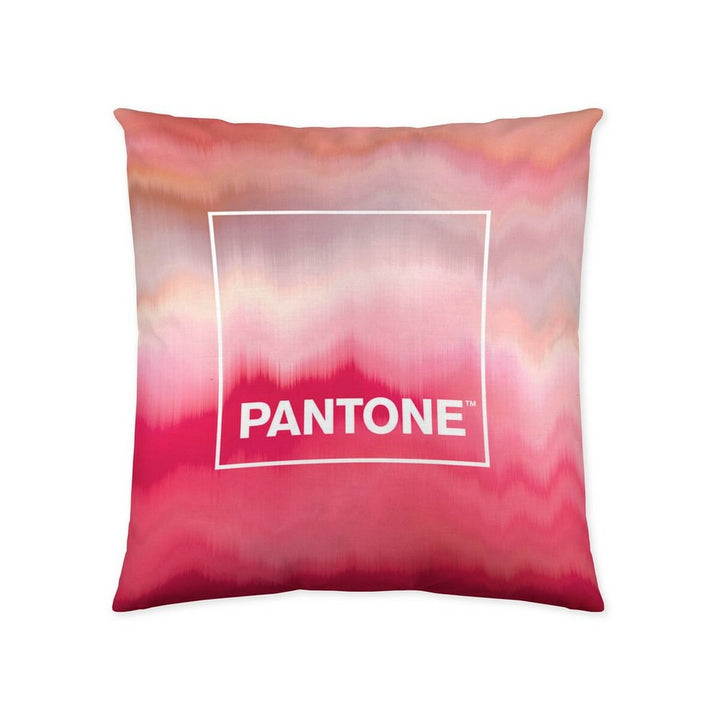 Quadratischer Kissenbezug Pantone Totem mit abstraktem Design in Pink- und Weißtönen.