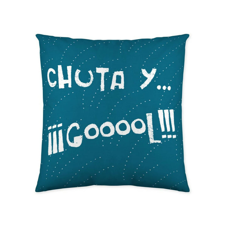Tealblauer Kissenbezug (40x40 cm) mit Fußball-Motiv und weißer Schrift.