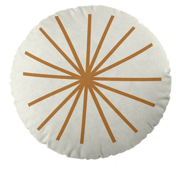 Weißes rundes Kissen mit goldenem Sonnenstrahl-Design, Haciendo el Indio Lady Snow.