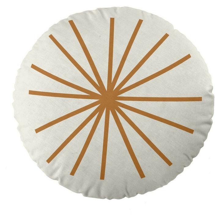 Weißes rundes Kissen mit goldenem Sonnenstrahl-Design, Haciendo el Indio Lady Snow.
