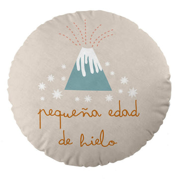 Rundes Kissen mit Ice Age Motiv: Berg, Sterne und Schriftzug 'pequeña edad de hielo'.