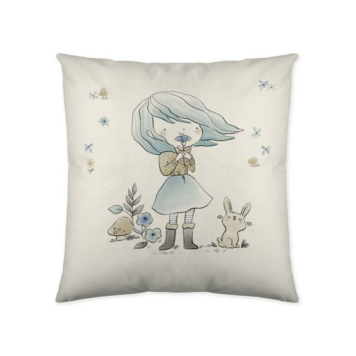Kissenbezug Cool Kids mit Mädchen-, Hasen- und Blumenmuster. Dekokissen für Kinder.