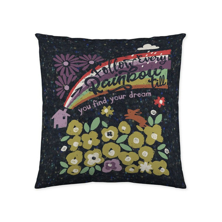 Kissenbezug mit Regenbogen, Blumen und Motivationsspruch. Cool Kids Follow Kissen Design.