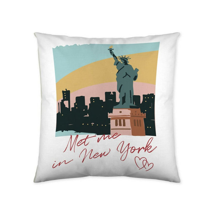 Weißer Kissenbezug mit New York Postkarte. Skyline und Freiheitsstatue auf dem Cool Kids Kissen.