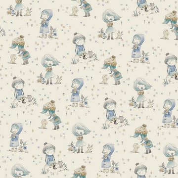 Bettdeckenbezug mit Kindermuster. Reversible Einzelmatratze mit Figuren und Tieren in sanften Farben.