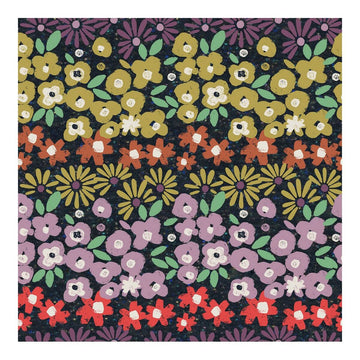 Blumiges Bettwäsche-Set mit Reihen von Blumen in Lila, Gelb, Orange und Rot.