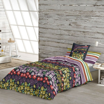 Bettdeckenbezug Cool Kids mit Blumenmuster. Einzelmatratze 150x220 cm. Bunte Blumen auf dunklem Grund.