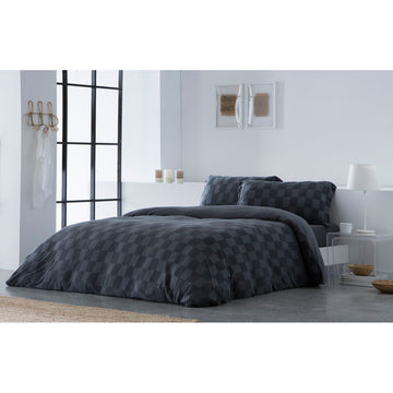 Dunkelgrauer Bettdeckenbezug mit Karomuster. Naturals Elba Double Größe im Schlafzimmer.