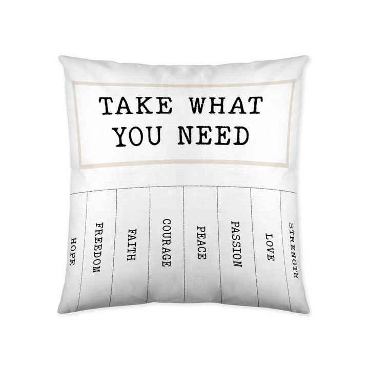 Quadratischer Kissenbezug mit Motiv: 'Take what you need'. Enthält Wörter wie Hoffnung, Freiheit und Liebe.