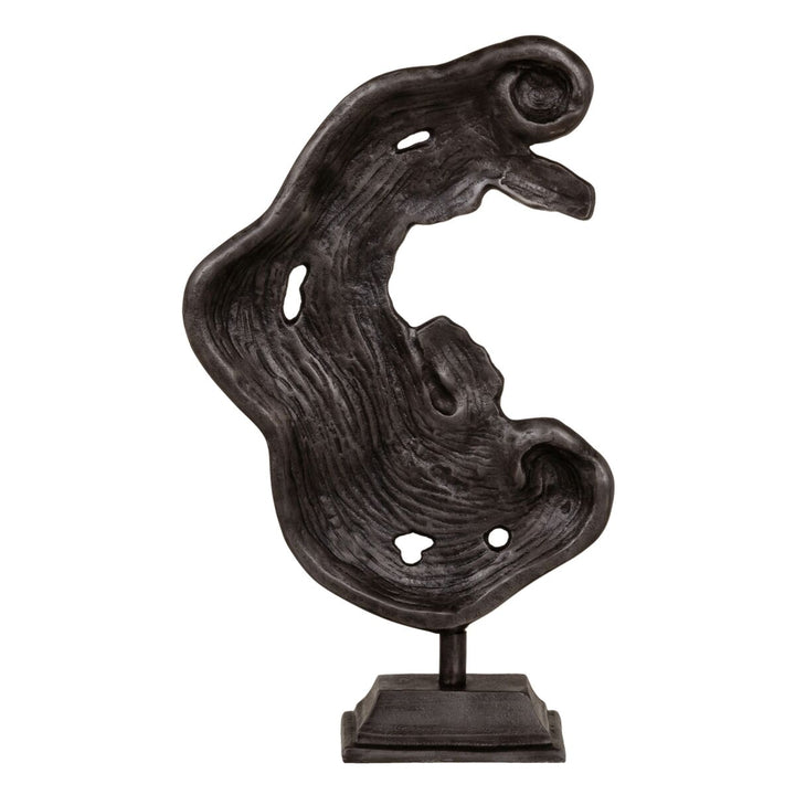 Graue, abstrakte Deko-Figur mit fließender Form und strukturierter Oberfläche.