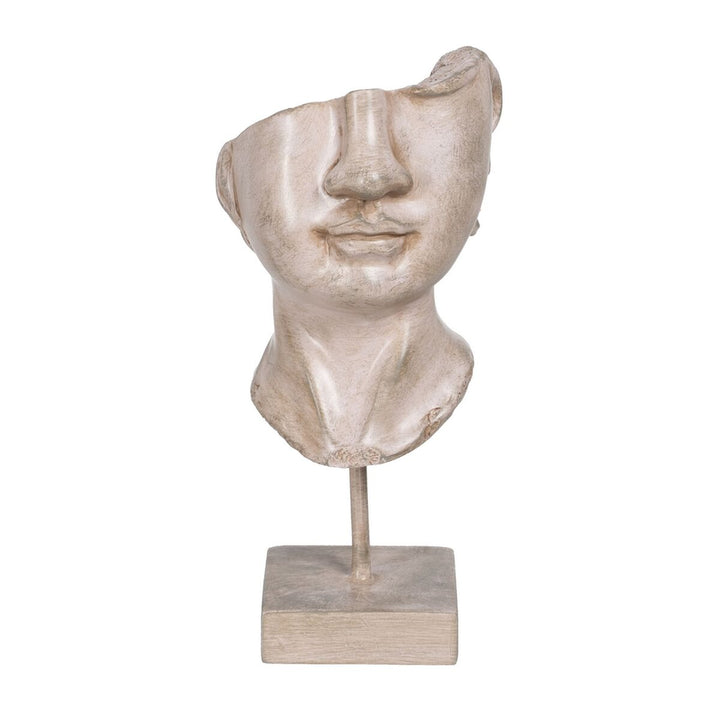 Beige Deko-Figur Gesicht auf Ständer. Kunstvolles, unvollständiges Design für Ihr Zuhause.