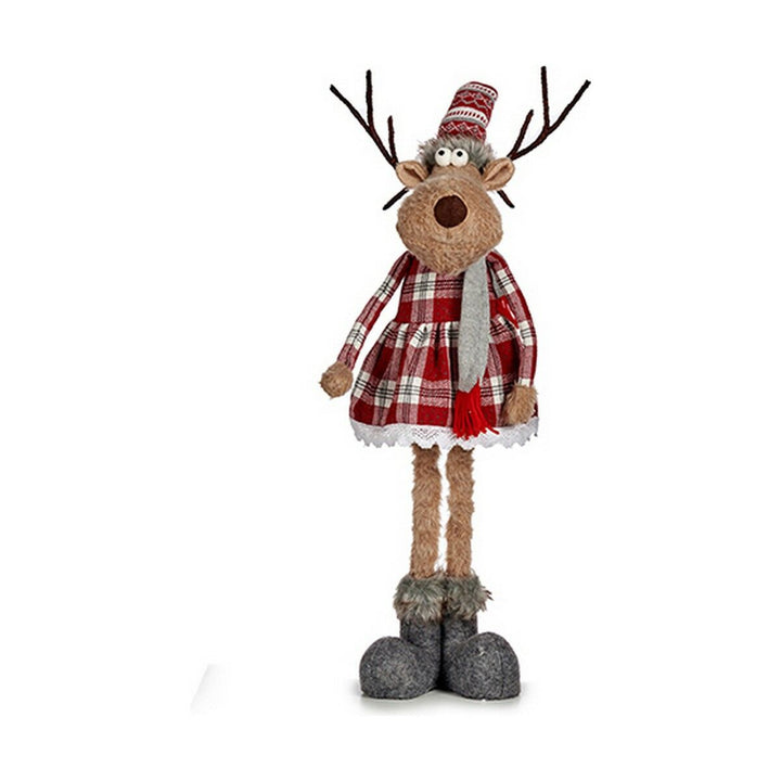 Deko-Figur Hirsch mit Schal, rotem Kleid und grauen Stiefeln. Festliche Dekoration.