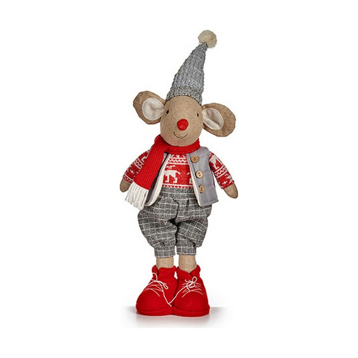Deko-Figur Mouse im Weihnachts-Outfit mit rotem Schal, grauer Mütze und roten Schuhen für festliche Dekoration.
