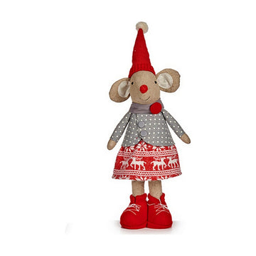 Weihnachtliche Deko-Figur: Stoffmaus mit roter Mütze, gepunkteter Jacke und festlichem Rock.