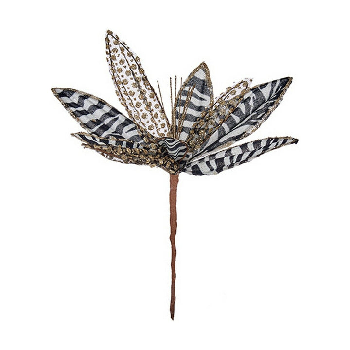 Dekorative Weihnachtsblume mit schwarz-weiß gestreiften Blütenblättern und goldenen Akzenten.