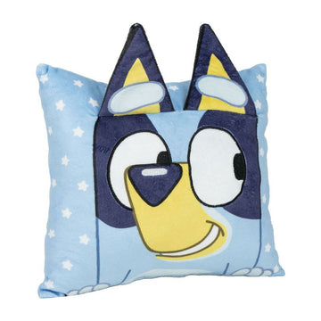 Blaues Bluey Kissen mit Ohren und Sternenmuster für Kinder.