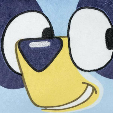 Nahaufnahme Kissen Bluey mit großem Augen und gelber Nase, 30x30 cm.