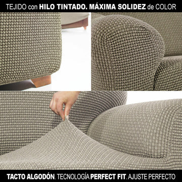 Nahaufnahme: Beige Ohrensesselhusse mit Textur und perfekter Passform. Sofaskins Sesselhusse.