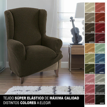 Braune Sofaskins Ohrensesselhusse mit elastischem Stoff und Farbpalette.