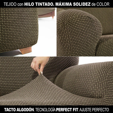 Nahaufnahme: Braune Ohrensesselhusse mit Textur. Perfekte Passform der Sofaskins Husse.