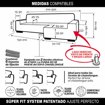 Diagramm Sofaskins Chaiselongue Bezug Maße, elastische Bänder und Kompatibilität für lange Armlehne rechts.