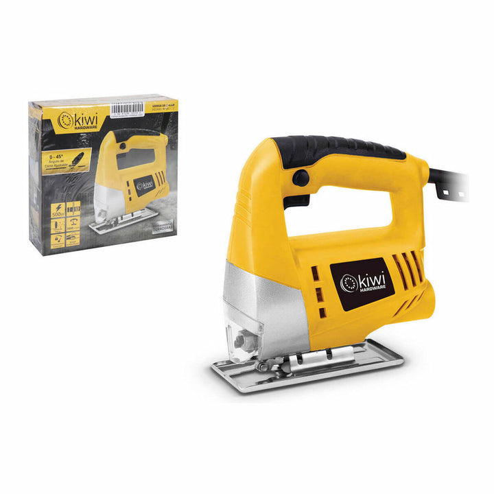 Gelbe Kiwi Stichsäge mit 500W und 3000 rpm, ideal zum Schneiden verschiedener Materialien.