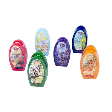 Verschiedene Lufterfrischer Gels 98g mit Düften wie Wildbeere, Lavendel und Orange.
