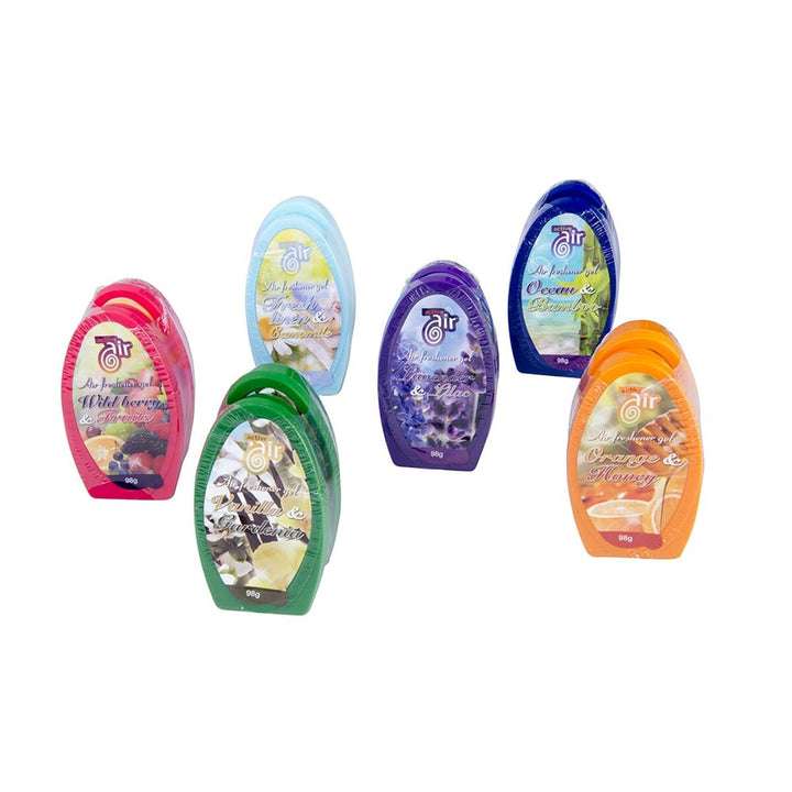 Verschiedene Lufterfrischer Gels 98g mit Düften wie Wildbeere, Lavendel und Orange.